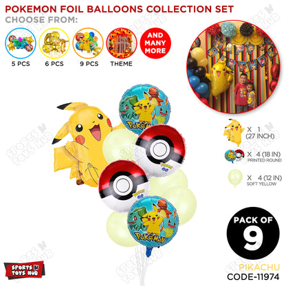 Pokemon Pika-chu Foil Balloon Set – Pack of 9, Cartoon Character Balloons for Kids Birthday Party