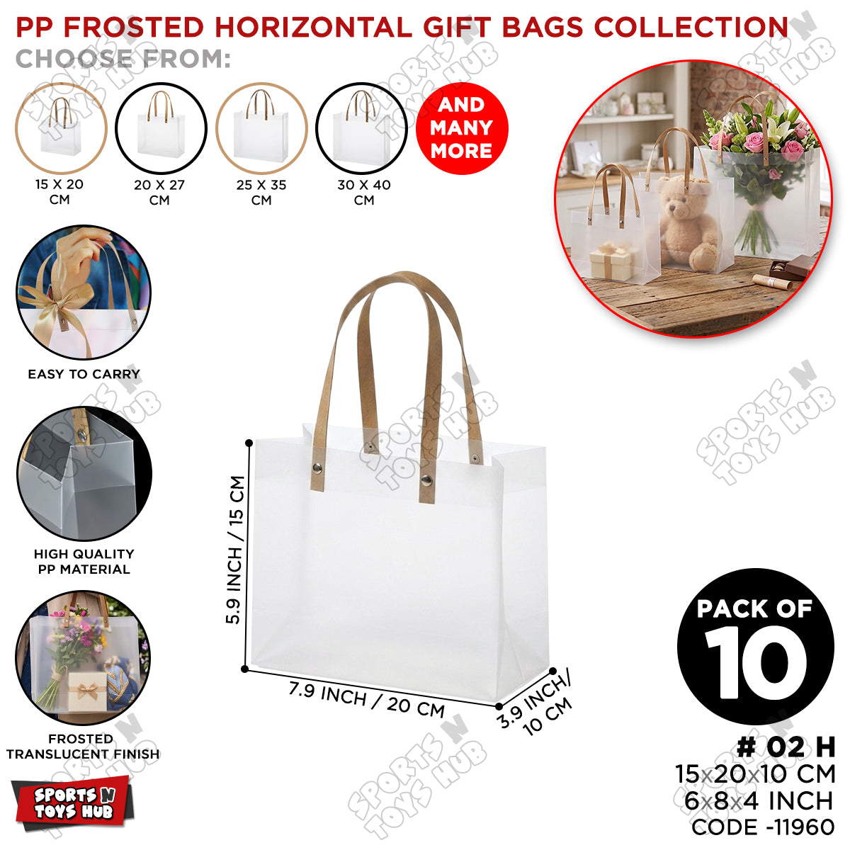 15x20x10 CM / 02 Frosted Transparent PP Horizontal Shape Gift Bag with Style Handle – Clear Shopping & Packaging Tote Bag for Gifts, Boutique Products, Retail Packaging, Party Favors, Wedding Events & Gift Wrapping