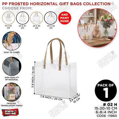 15x20x10 CM / 02 Frosted Transparent PP Horizontal Shape Gift Bag with Style Handle – Clear Shopping & Packaging Tote Bag for Gifts, Boutique Products, Retail Packaging, Party Favors, Wedding Events & Gift Wrapping