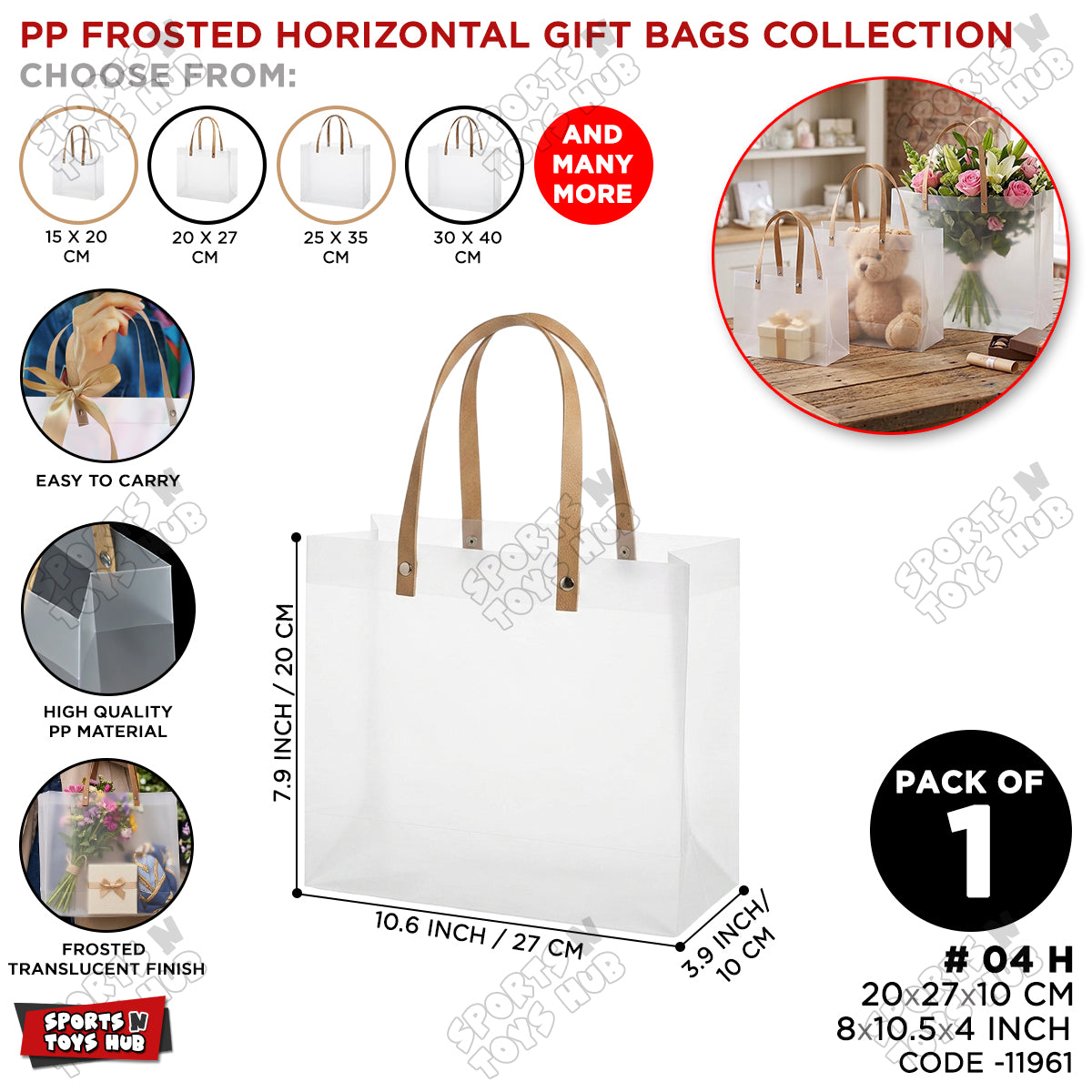 20x27x10 CM / 04 Frosted Transparent PP Horizontal Shape Gift Bag – Clear Shopping & Packaging Tote Bag for Gifts, Boutique Products, Retail Packaging, Party Favors, Wedding Events & Gift Wrapping
