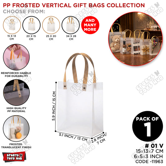 15×13×7 CM / 01 Frosted Transparent PP Gift Bag – Vertical Style Handle Shopping & Packaging Bag for Gifts, Boutique, Retail, Party Favors & Wedding Packaging