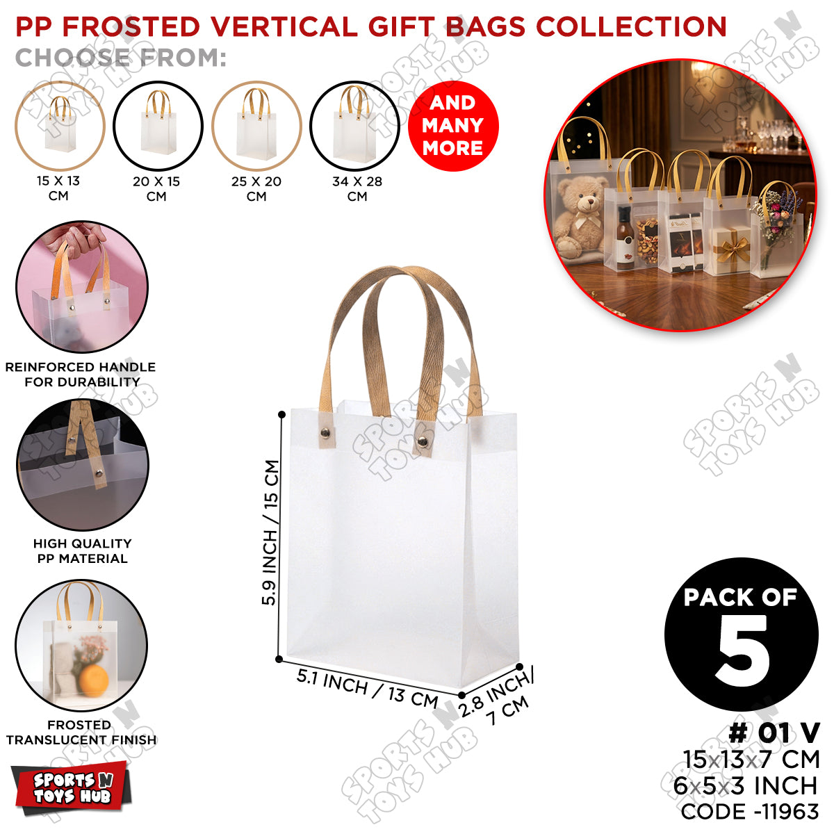 15×13×7 CM / 01 Frosted Transparent PP Gift Bag – Vertical Style Handle Shopping & Packaging Bag for Gifts, Boutique, Retail, Party Favors & Wedding Packaging
