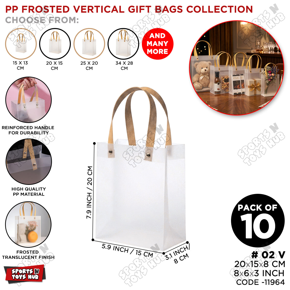 20×15×8 CM / 02 Frosted Transparent PP Gift Bags – Vertical Style Handle Shopping & Packaging Tote Bags for Gifts, Boutique, Retail, Party Favors & Wedding Packaging