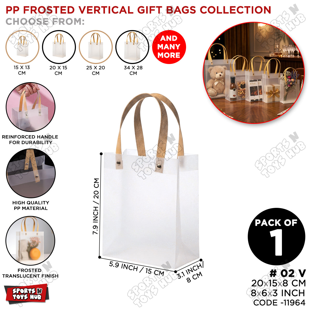 20×15×8 CM / 02 Frosted Transparent PP Gift Bags – Vertical Style Handle Shopping & Packaging Tote Bags for Gifts, Boutique, Retail, Party Favors & Wedding Packaging