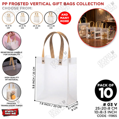25×20×8 CM / 03 Frosted Transparent PP Gift Bags – Vertical Style Handle Shopping & Packaging Tote Bags for Gifts, Boutique, Retail, Party Favors & Wedding Packaging