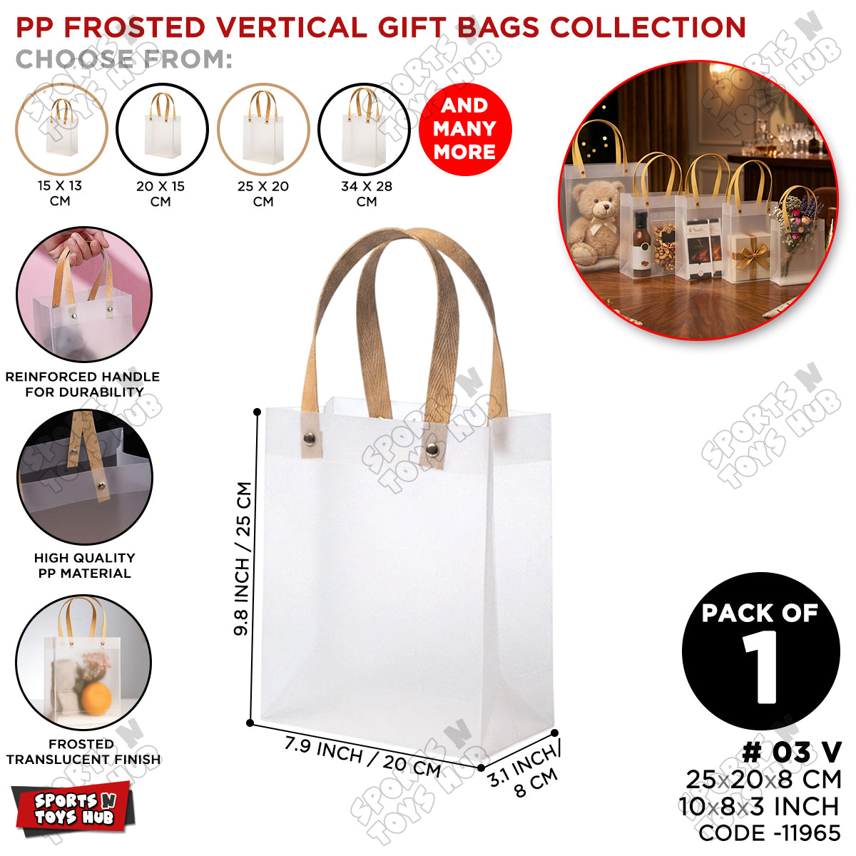 25×20×8 CM / 03 Frosted Transparent PP Gift Bags – Vertical Style Handle Shopping & Packaging Tote Bags for Gifts, Boutique, Retail, Party Favors & Wedding Packaging