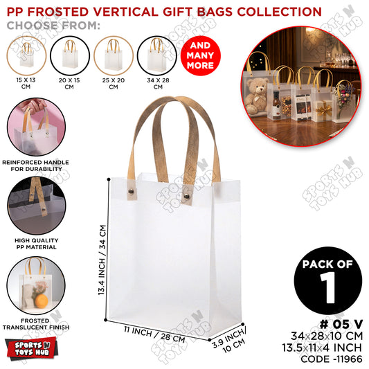 34×28×10 CM / 05 Frosted Transparent PP Gift Bags – Vertical Style Handle Shopping & Packaging Tote Bags for Gifts, Boutique, Retail, Party Favors & Wedding Packaging