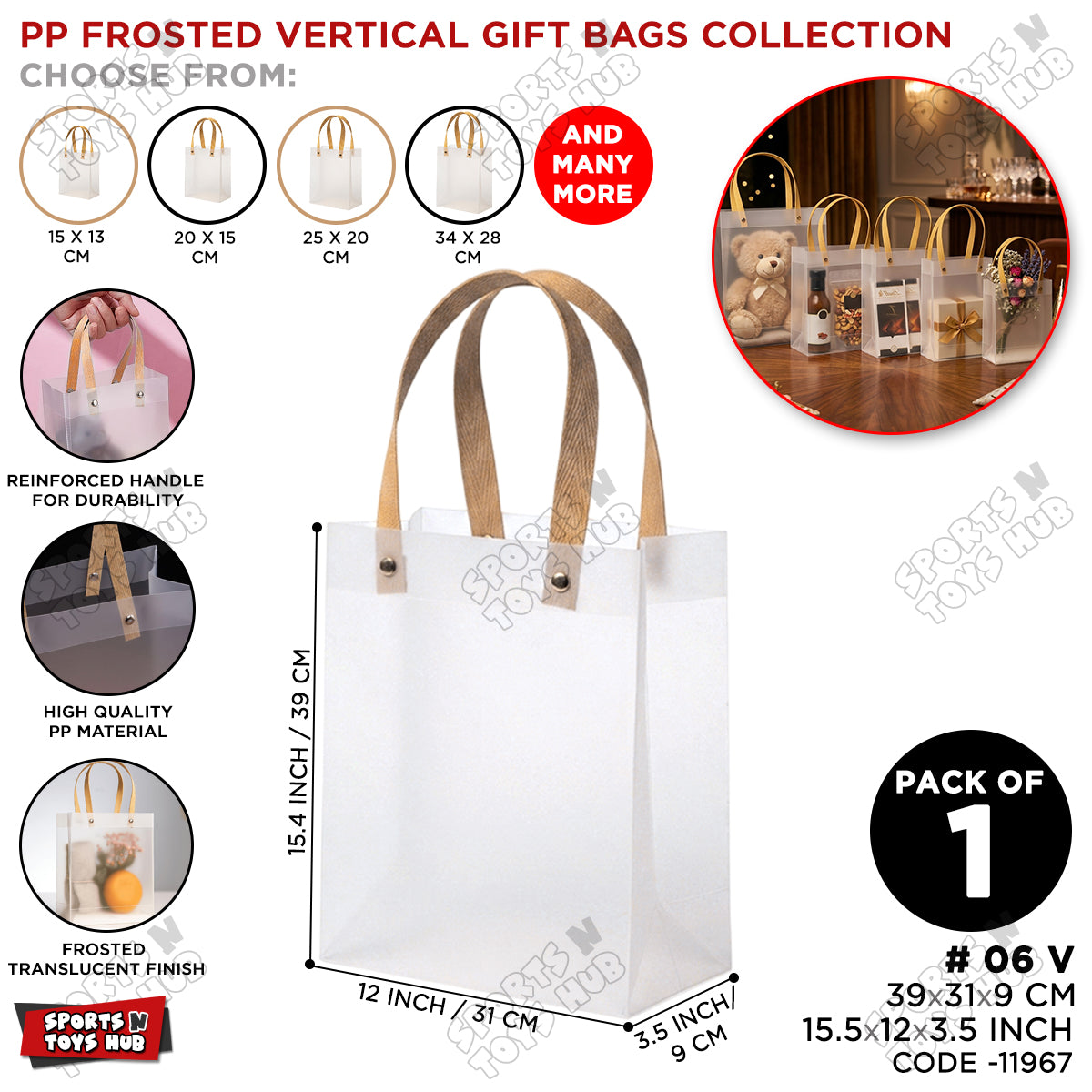 39×31×9 CM / 06 Frosted Transparent PP Gift Bags – Vertical Style Handle Shopping & Packaging Tote Bags for Gifts, Boutique, Retail, Party Favors & Wedding Packaging