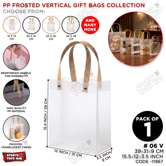 39×31×9 CM / 06 Frosted Transparent PP Gift Bags – Vertical Style Handle Shopping & Packaging Tote Bags for Gifts, Boutique, Retail, Party Favors & Wedding Packaging