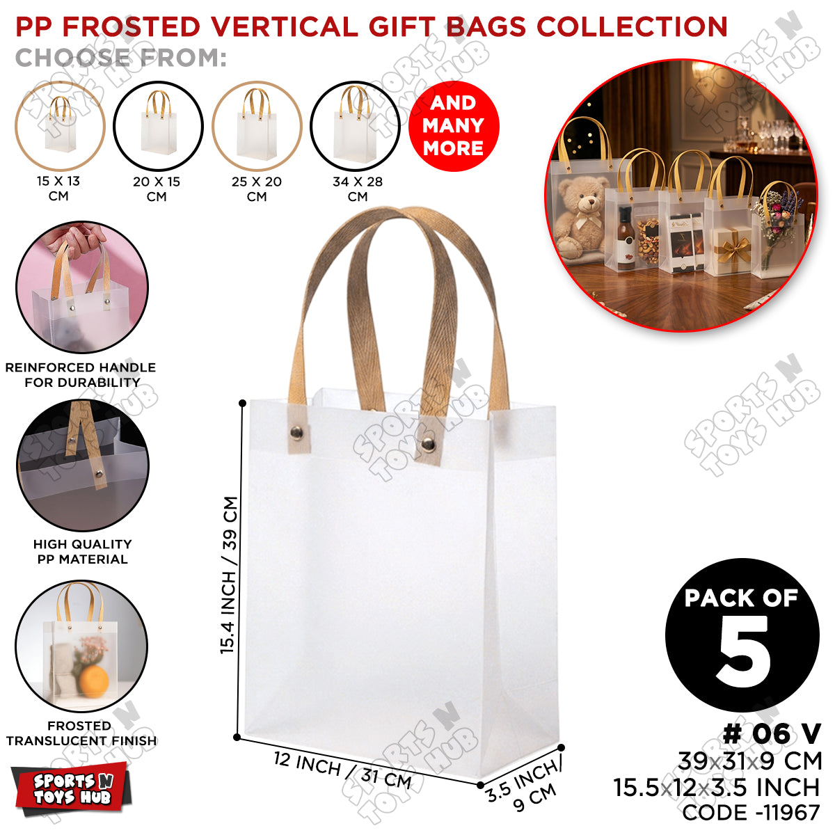 39×31×9 CM / 06 Frosted Transparent PP Gift Bags – Vertical Style Handle Shopping & Packaging Tote Bags for Gifts, Boutique, Retail, Party Favors & Wedding Packaging