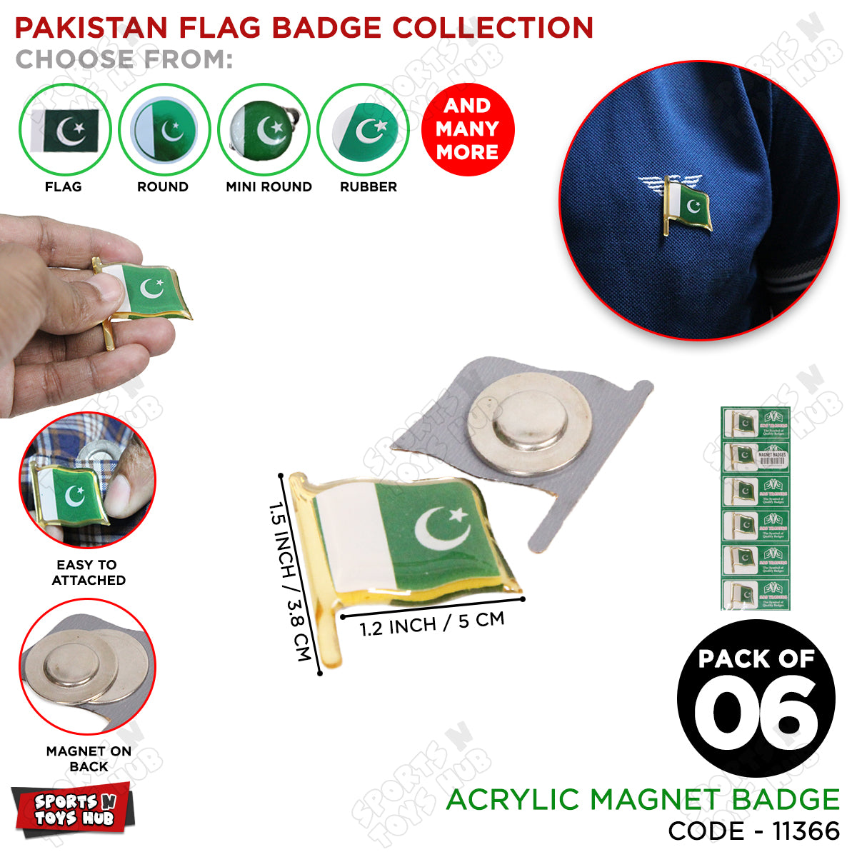 Pakistan Flag Acrylic Magnetic Badge - Pack Of 6