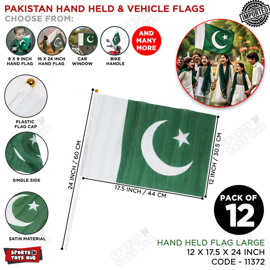 14th August Pakistan Large Size Handheld Flags - Pack Of 12