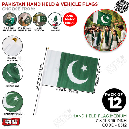 14th August Pakistan Medium Size Handheld Flags - Pack Of 12