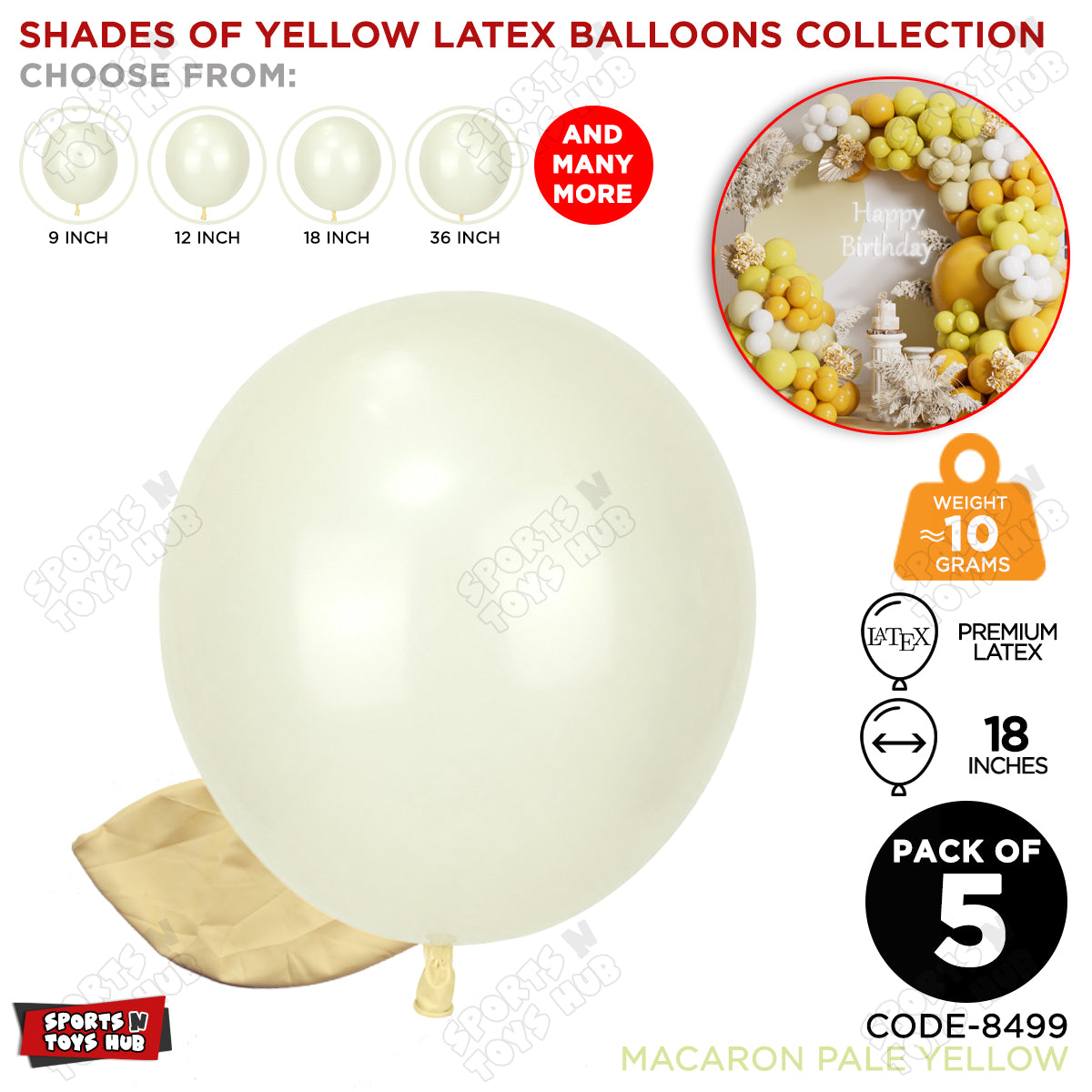 Pale Yellow Latex Balloons Available In 9, 12, 18 & 36 Inch Sizes