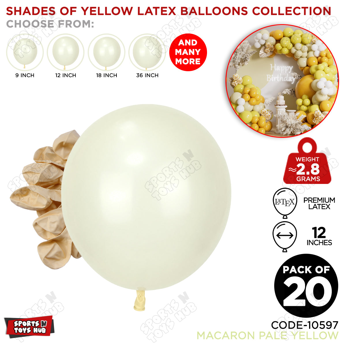 Pale Yellow Latex Balloons Available In 9, 12, 18 & 36 Inch Sizes