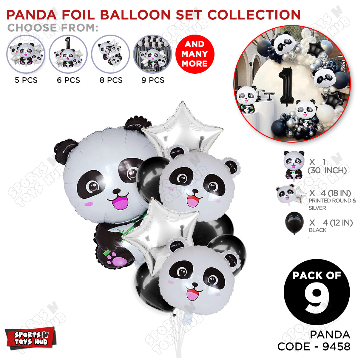 Panda Pack Of 9 Foil Balloon Set