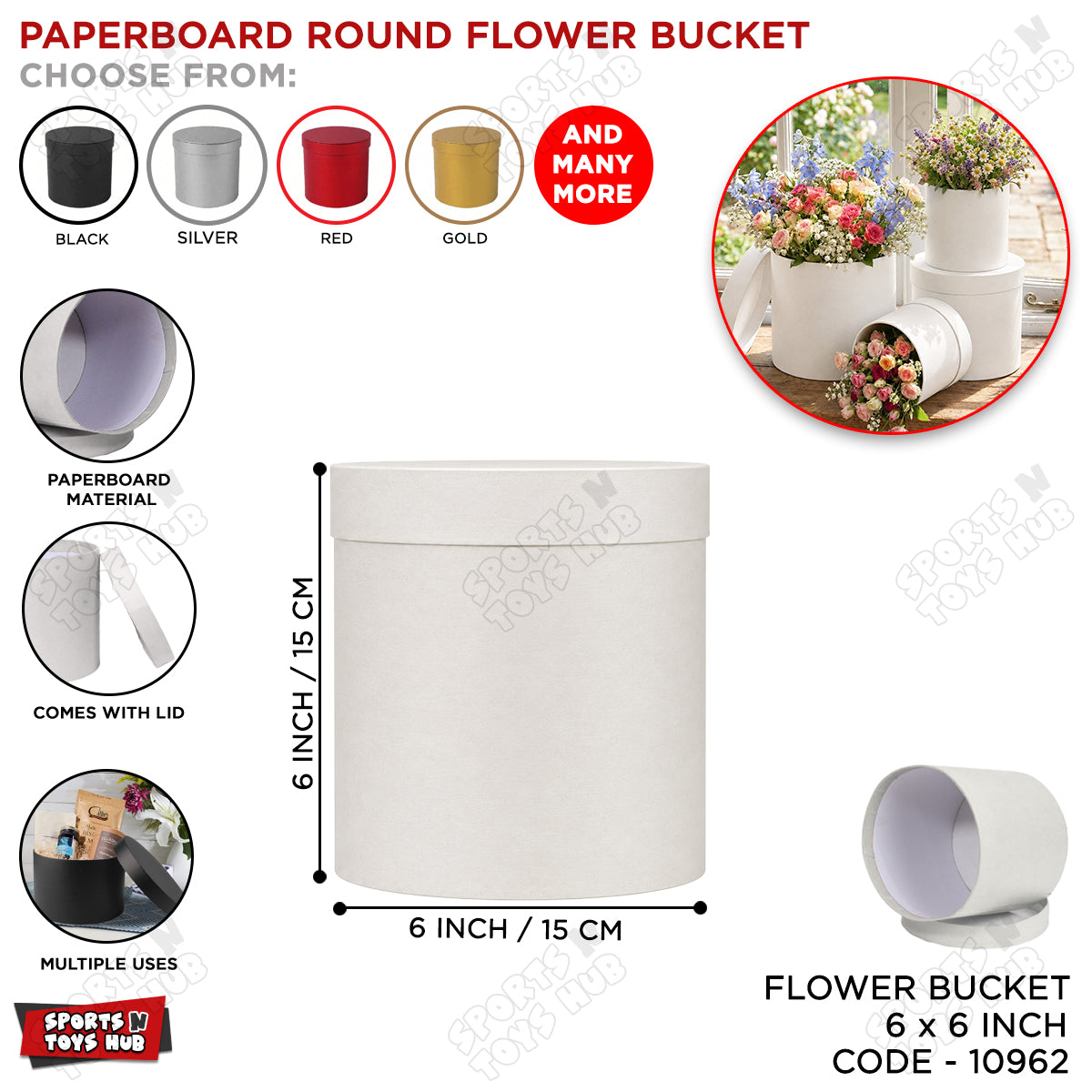 6 × 6 Inch Round Cardboard Flower Gift Box with Lid – Premium Paper Bouquet Packaging Box for Roses, Flowers & Floral Arrangements, Round Gift Box for Florists, Wedding, Valentine’s Day, Birthday, Anniversary & Special Occasions