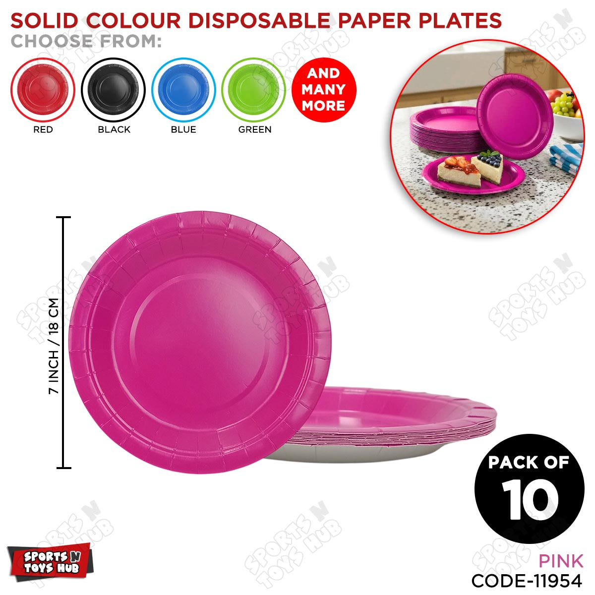 Solid Color Round Disposable Paper Plates - 7 Inches - Pack of 10