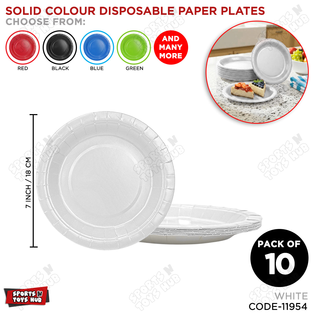 Solid Color Round Disposable Paper Plates - 7 Inches - Pack of 10