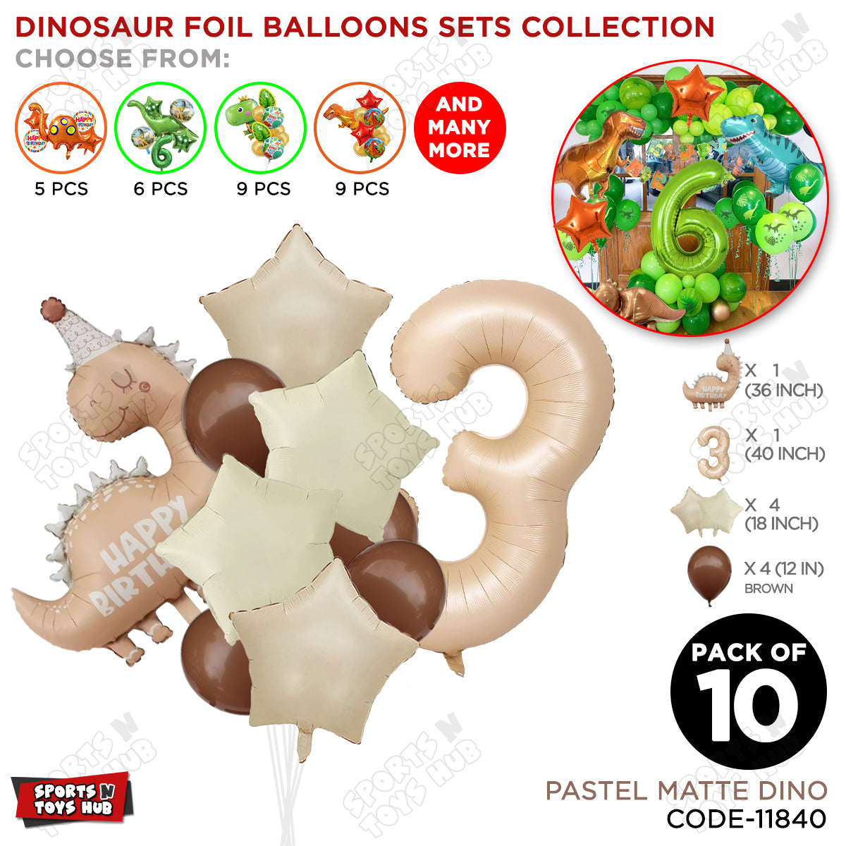 Pastel Matte Dino Foil Balloon Pack Of 10 Set With 40 Inch Foil Number Balloons