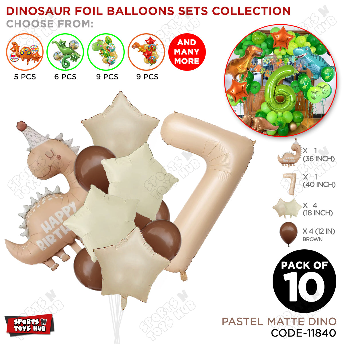 Pastel Matte Dino Foil Balloon Pack Of 10 Set With 40 Inch Foil Number Balloons