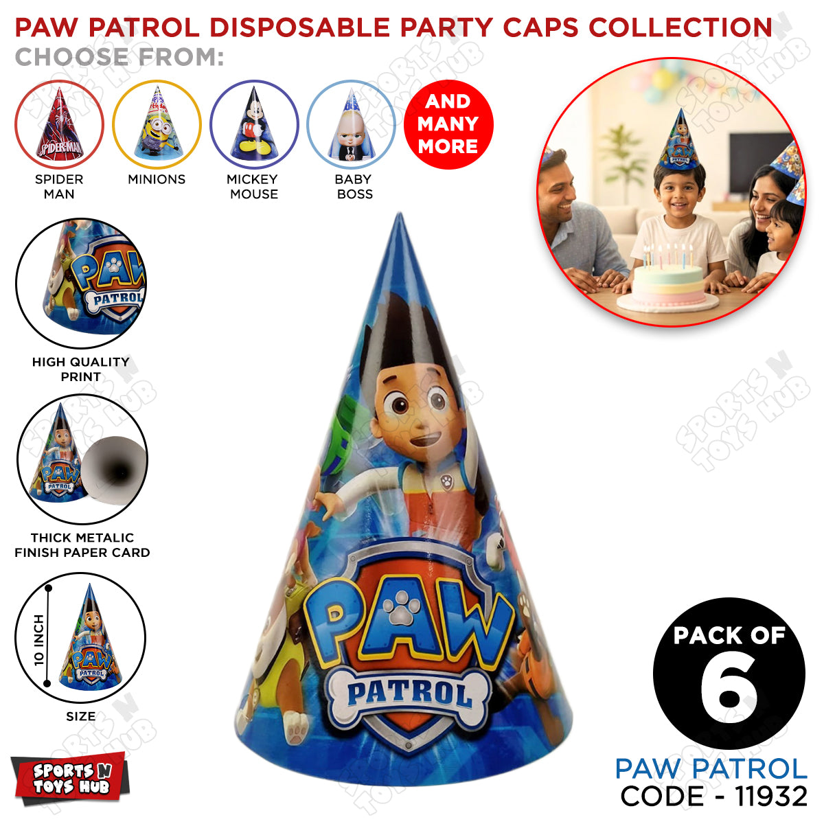 6 Pcs Happy Birthday P@w Patrol Printed Caps