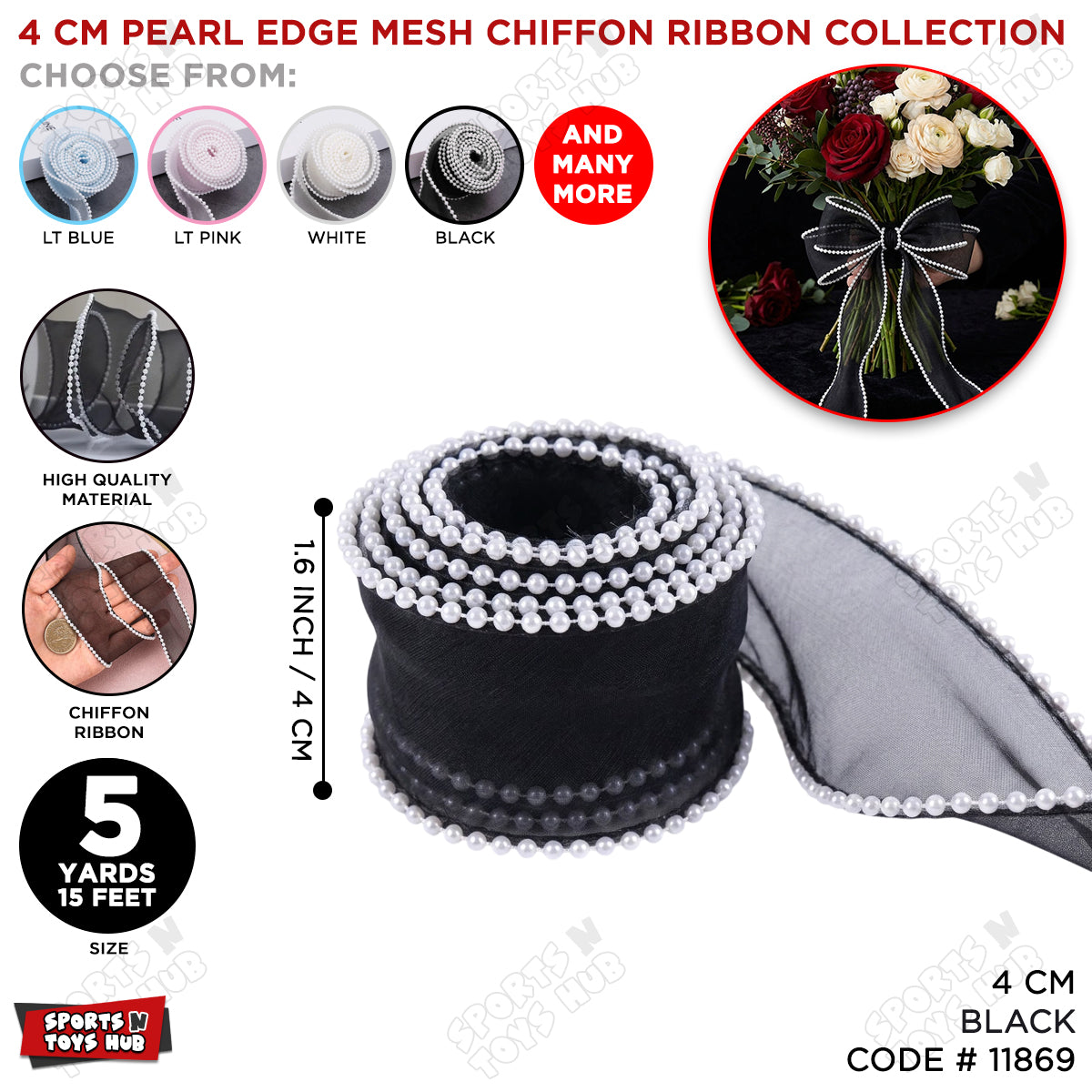 4CM x 5 Yards Pearl Edge Organza Ribbon – Sheer Satin Pearl Trim Decorative Ribbon for Gift Wrapping, Wedding Decorations, Floral Bouquets, Birthday Party Décor, Cake Decoration, DIY Crafts & Event Supplies