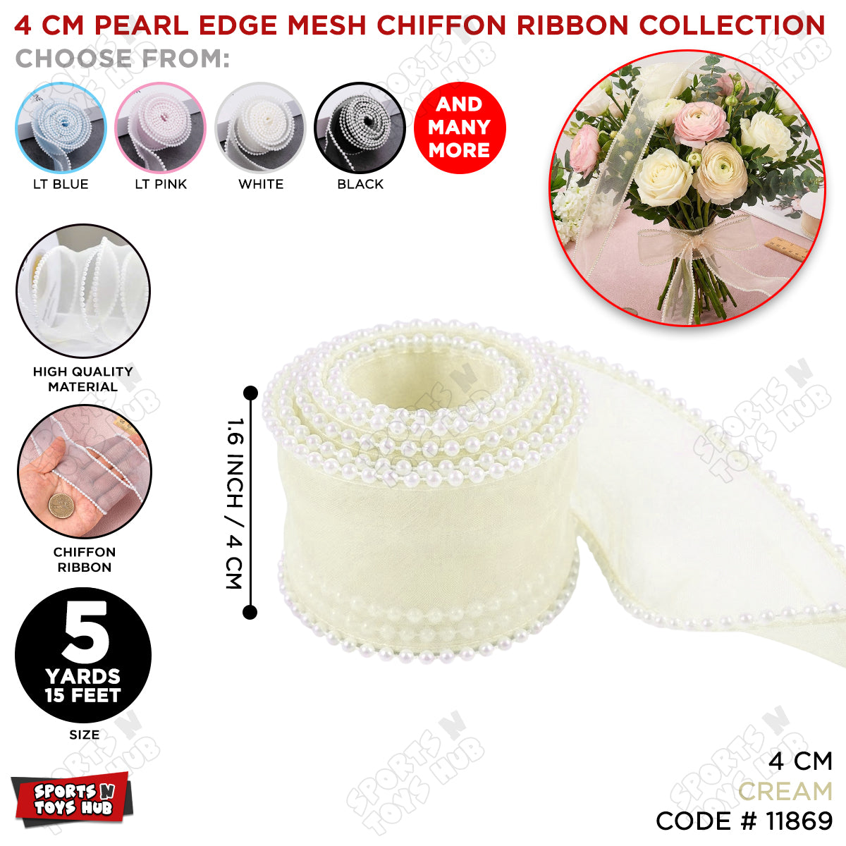 4CM x 5 Yards Pearl Edge Organza Ribbon – Sheer Satin Pearl Trim Decorative Ribbon for Gift Wrapping, Wedding Decorations, Floral Bouquets, Birthday Party Décor, Cake Decoration, DIY Crafts & Event Supplies