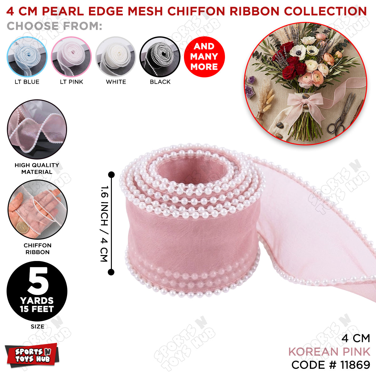 4CM x 5 Yards Pearl Edge Organza Ribbon – Sheer Satin Pearl Trim Decorative Ribbon for Gift Wrapping, Wedding Decorations, Floral Bouquets, Birthday Party Décor, Cake Decoration, DIY Crafts & Event Supplies