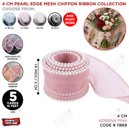 4CM x 5 Yards Pearl Edge Organza Ribbon – Sheer Satin Pearl Trim Decorative Ribbon for Gift Wrapping, Wedding Decorations, Floral Bouquets, Birthday Party Décor, Cake Decoration, DIY Crafts & Event Supplies
