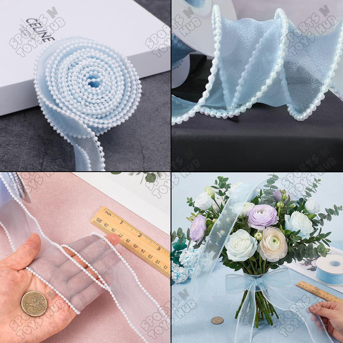 4CM x 5 Yards Pearl Edge Organza Ribbon – Sheer Satin Pearl Trim Decorative Ribbon for Gift Wrapping, Wedding Decorations, Floral Bouquets, Birthday Party Décor, Cake Decoration, DIY Crafts & Event Supplies