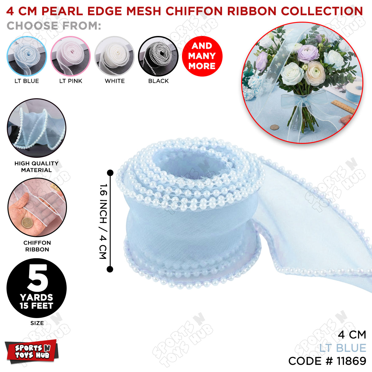 4CM x 5 Yards Pearl Edge Organza Ribbon – Sheer Satin Pearl Trim Decorative Ribbon for Gift Wrapping, Wedding Decorations, Floral Bouquets, Birthday Party Décor, Cake Decoration, DIY Crafts & Event Supplies