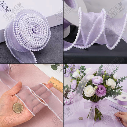4CM x 5 Yards Pearl Edge Organza Ribbon – Sheer Satin Pearl Trim Decorative Ribbon for Gift Wrapping, Wedding Decorations, Floral Bouquets, Birthday Party Décor, Cake Decoration, DIY Crafts & Event Supplies