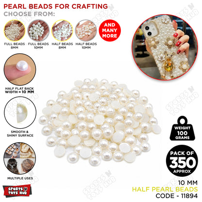 10mm Half Pearl Flat Back Beads – 100 Gram Pack (Approx. 350 PCS) Glossy ABS Imitation Pearl Cabochons for DIY Crafts, Nail Art, Scrapbooking, Wedding Decorations & Jewelry Making