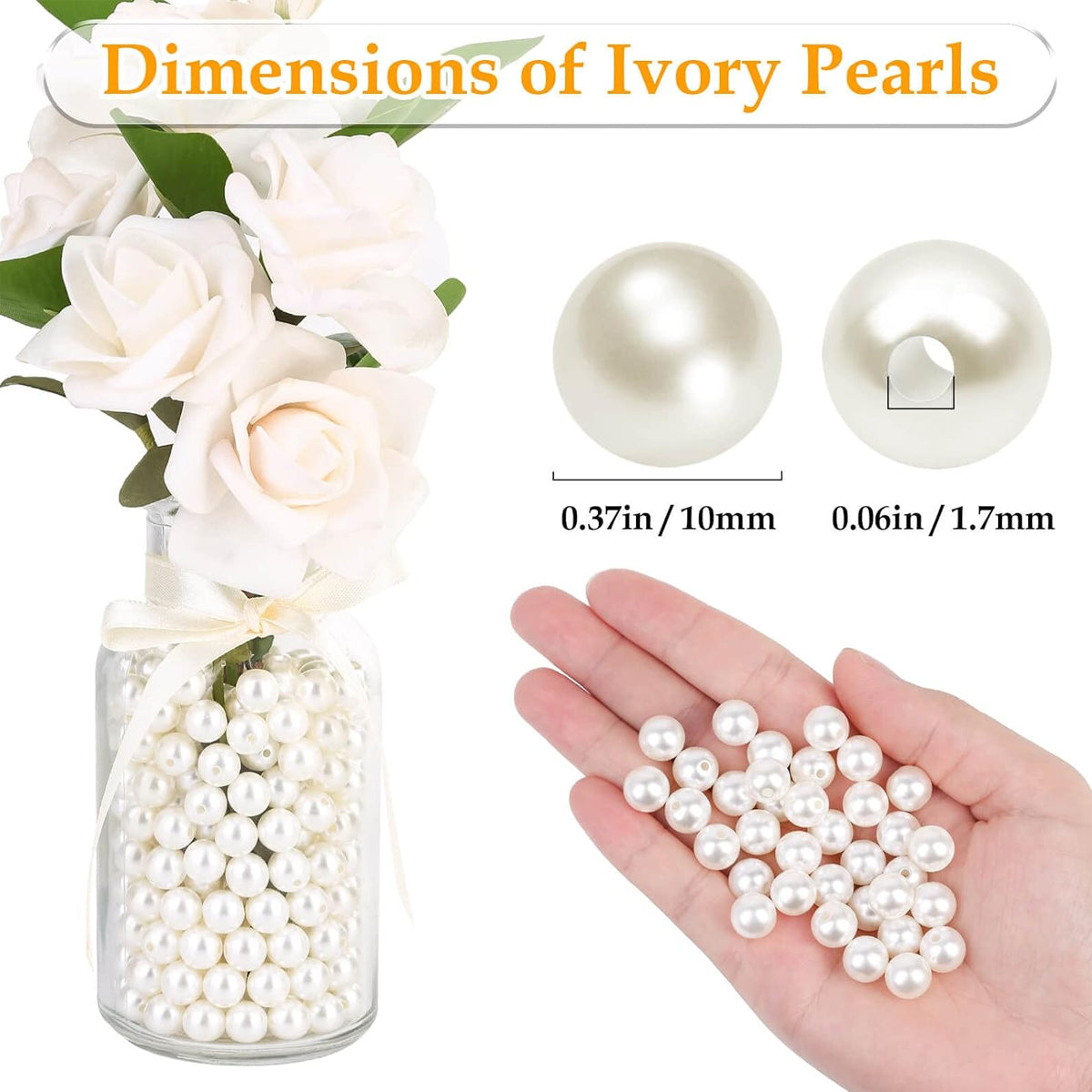 10mm Hole Pearl Beads with Hole – 100g Approx. 170 Pcs, Round Plastic Loose Beads for DIY Jewelry Making, Floral Bouquets, Wedding Decoration, Arts, Crafts & Handmade Projects