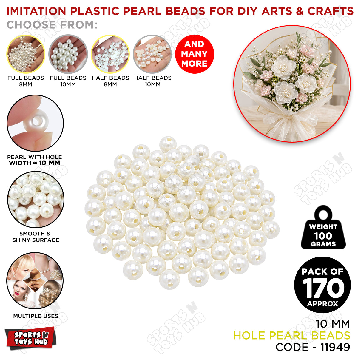 10mm Hole Pearl Beads with Hole – 100g Approx. 170 Pcs, Round Plastic Loose Beads for DIY Jewelry Making, Floral Bouquets, Wedding Decoration, Arts, Crafts & Handmade Projects