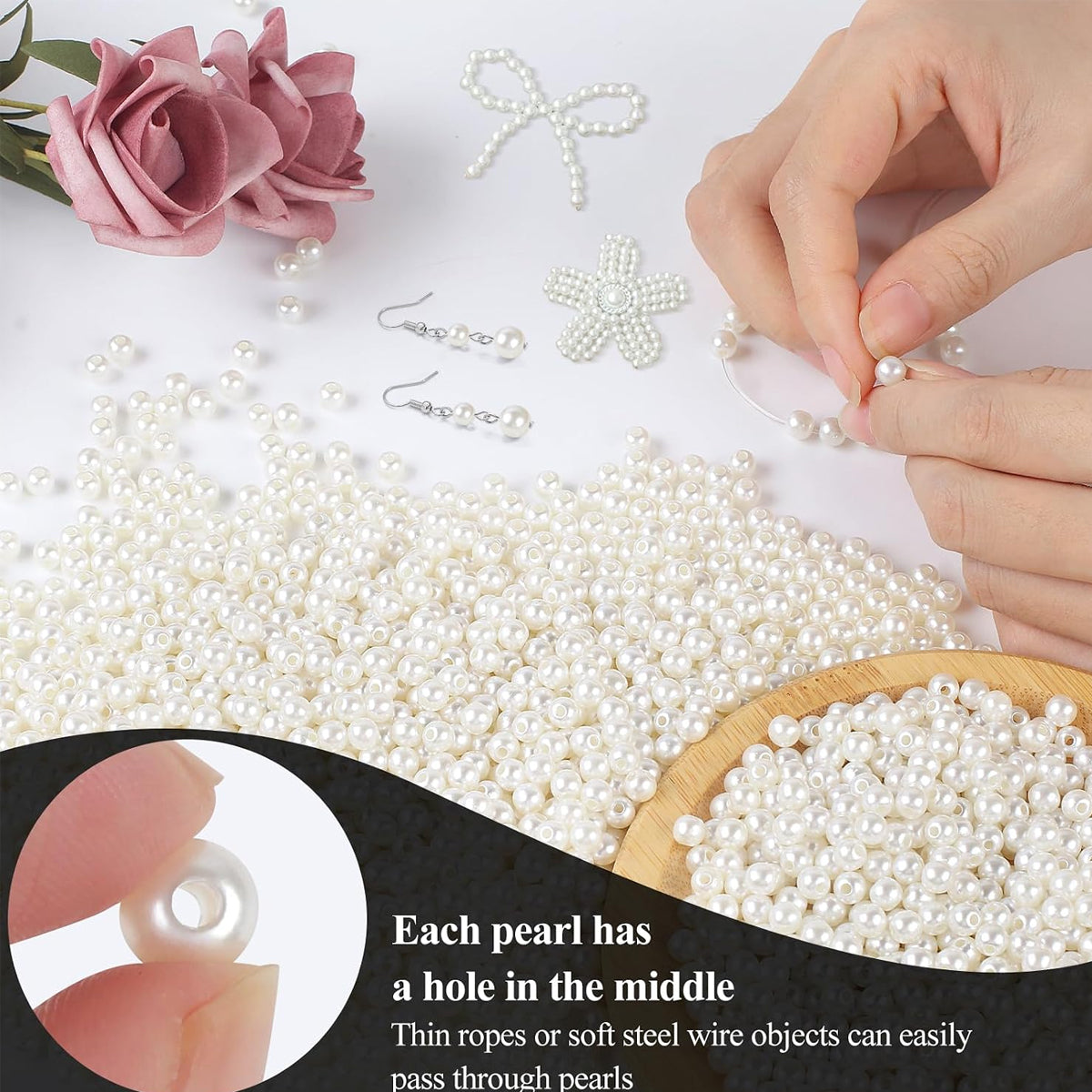 6mm Hole Pearl Beads for Crafts – 100g, 775 Pcs Approx. Imitation Plastic Round Loose Beads for DIY Jewelry Making, Floral Bouquets, Wedding Decoration, Art & Craft Projects