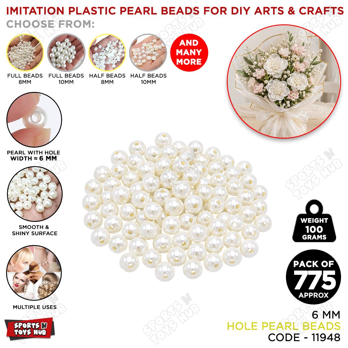 6mm Hole Pearl Beads for Crafts – 100g, 775 Pcs Approx. Imitation Plastic Round Loose Beads for DIY Jewelry Making, Floral Bouquets, Wedding Decoration, Art & Craft Projects