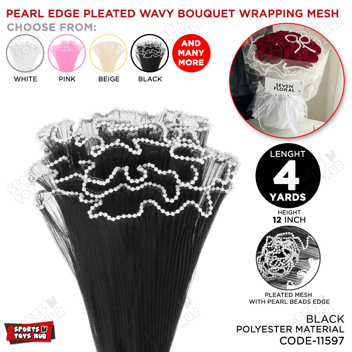 Pearl Edge Pleated Wavy Bouquet Wrapping Mesh Floral Wrap Net - 4 Yards