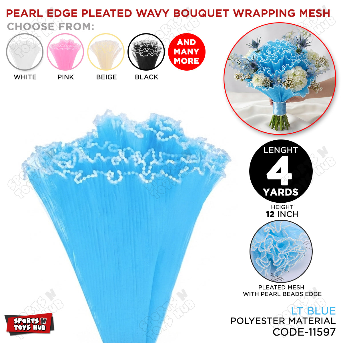 Pearl Edge Pleated Wavy Bouquet Wrapping Mesh Floral Wrap Net - 4 Yards