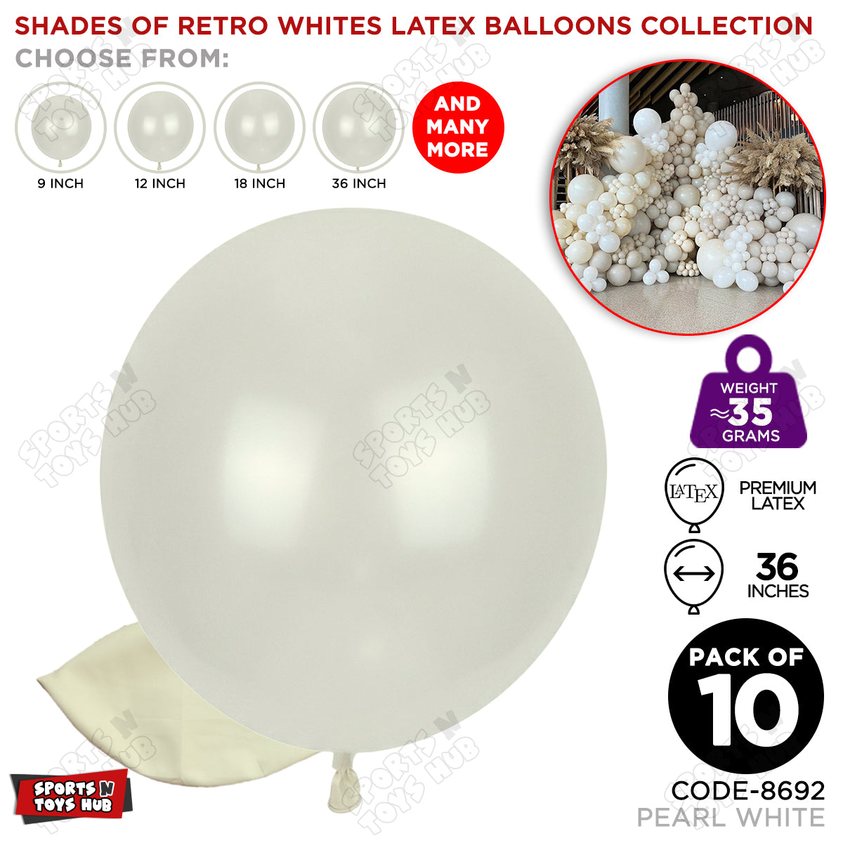 Pearl White Latex Balloons Available In 9, 12, 18 & 36 Inch Sizes