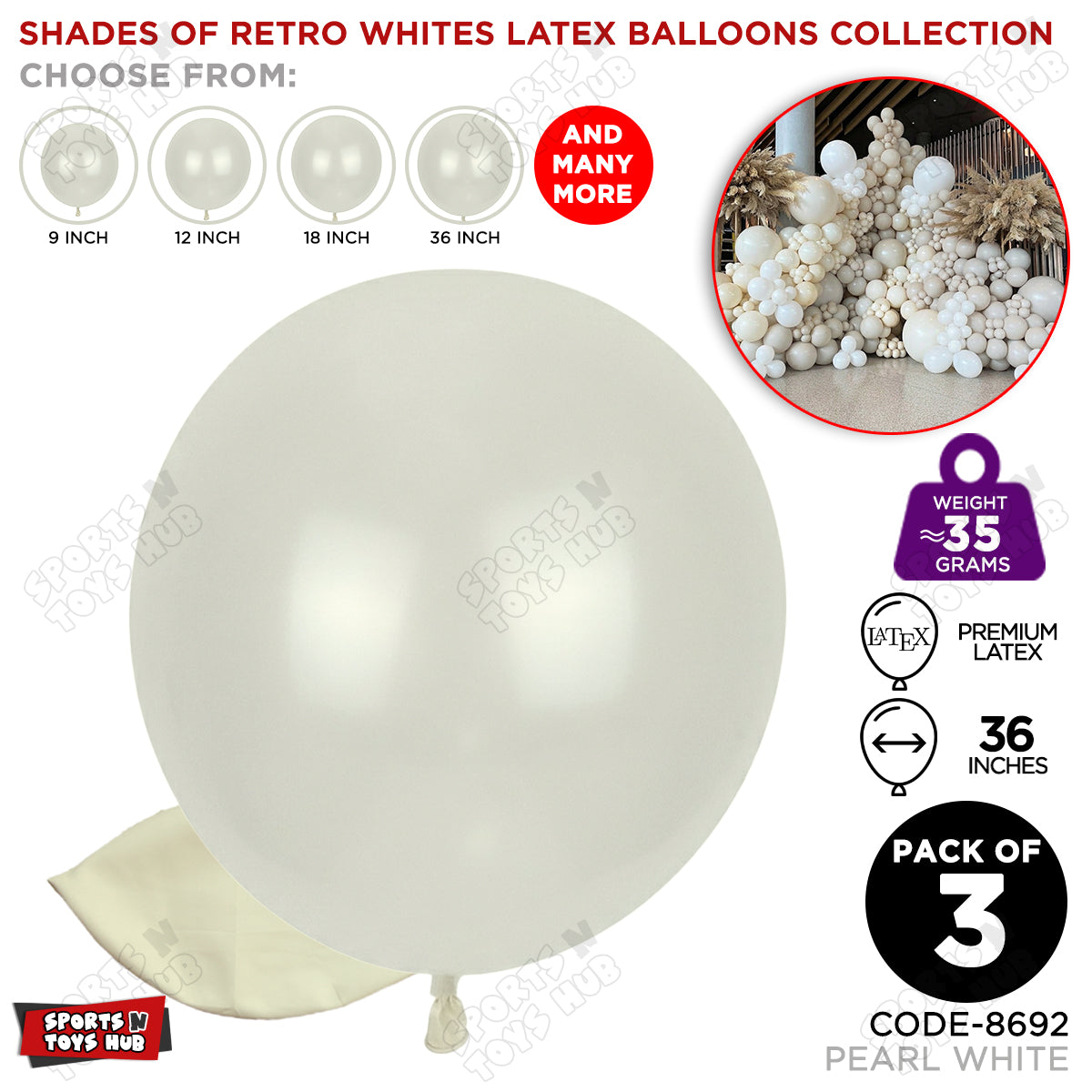 Pearl White Latex Balloons Available In 9, 12, 18 & 36 Inch Sizes