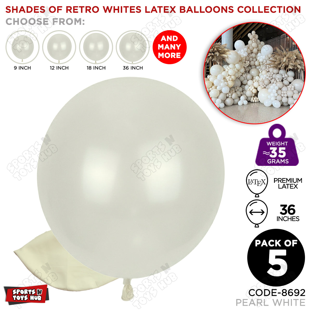 Pearl White Latex Balloons Available In 9, 12, 18 & 36 Inch Sizes