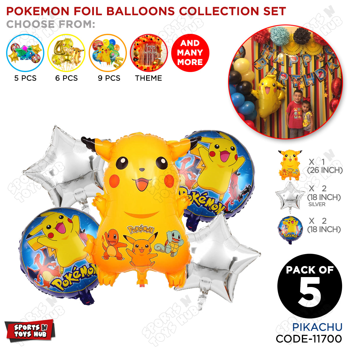 Pika-chu Foil Pack Of 5 Balloon Set