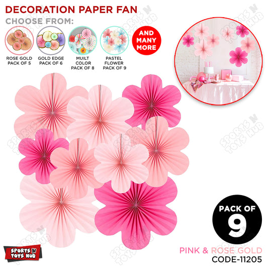 Pastel Pink Flower Shape Paper Fans - Pack Of 9