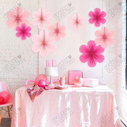 Pastel Pink Flower Shape Paper Fans - Pack Of 9