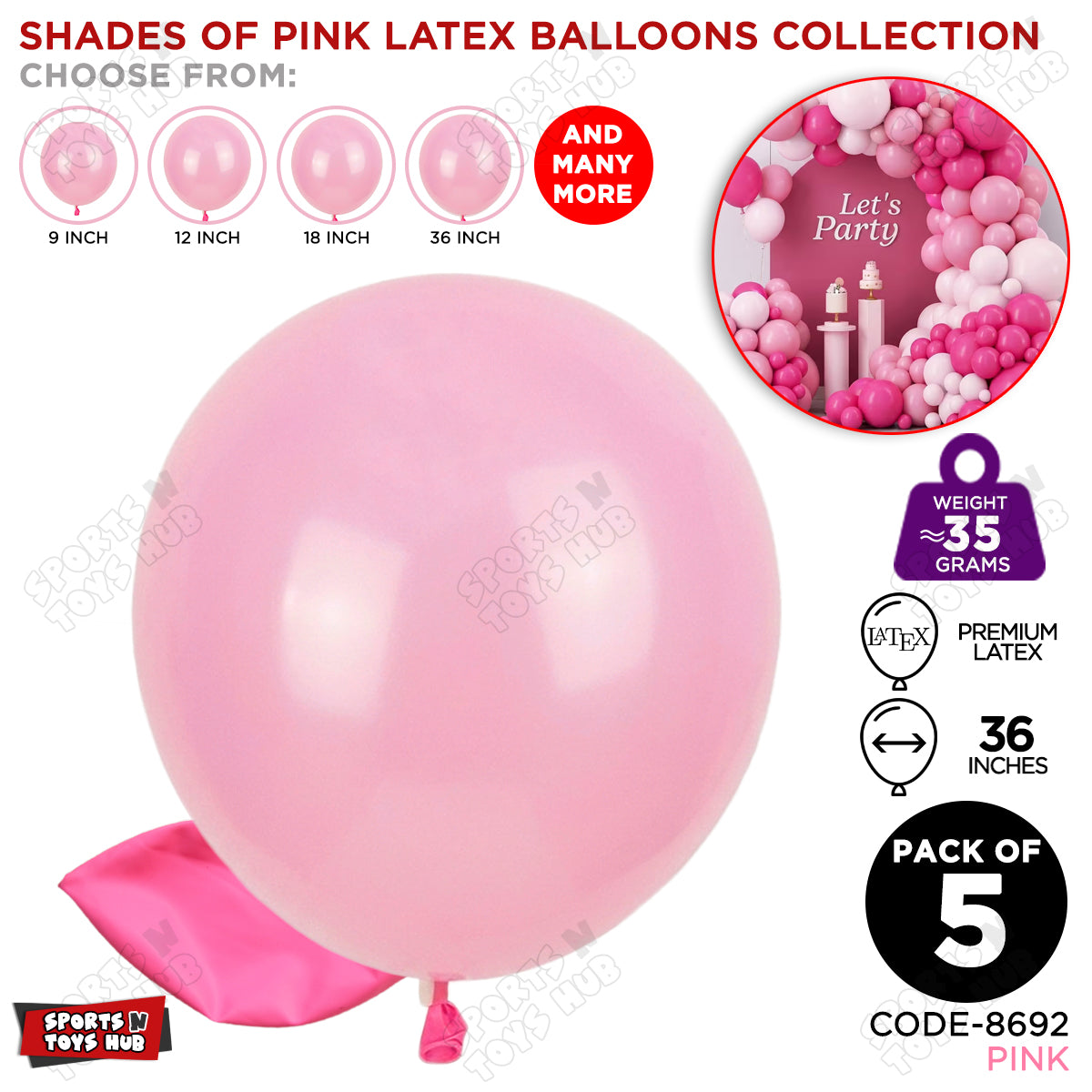 Pink Latex Balloons Available In 9, 12, 18 & 36 Inch Sizes