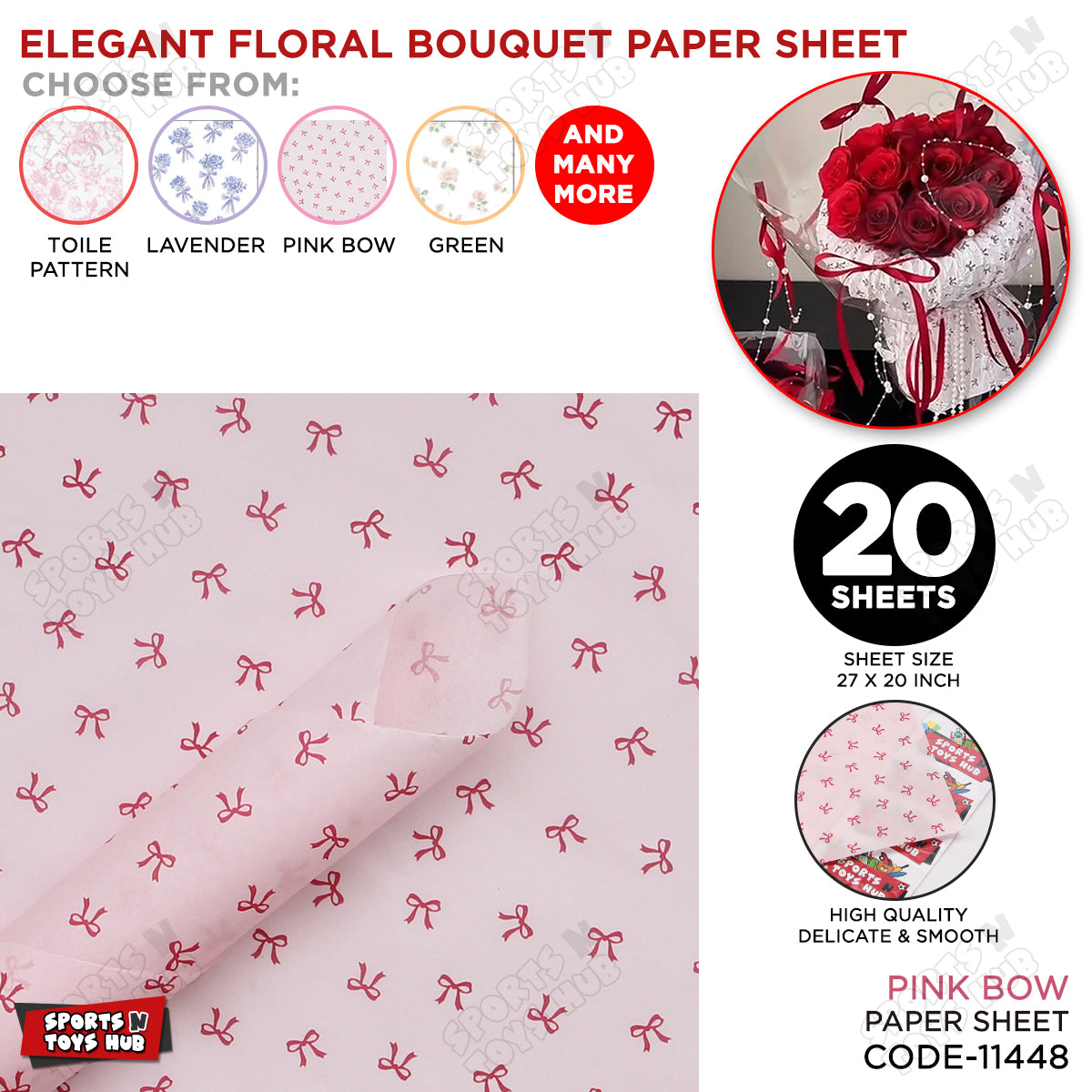 Elegent Floral Printed Bow Paper Bouquet Sheet -   Pack Of 20