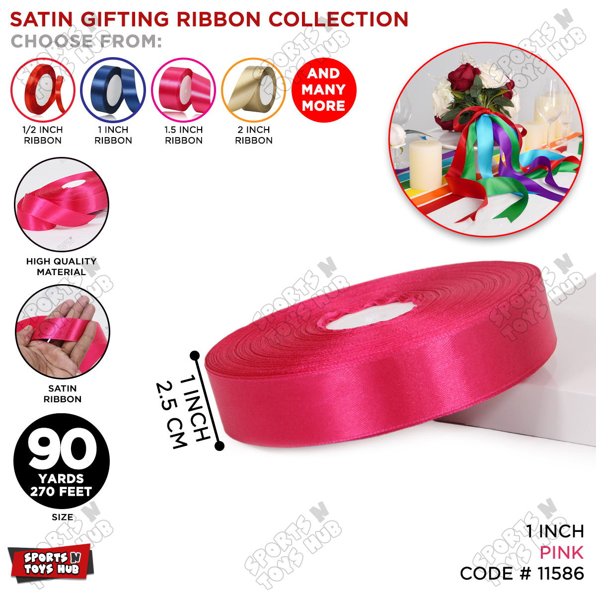 1 Inch x 90 Yards – Multi-Purpose Plain Satin Ribbon Roll for Gift Wrapping, Crafts & Decor