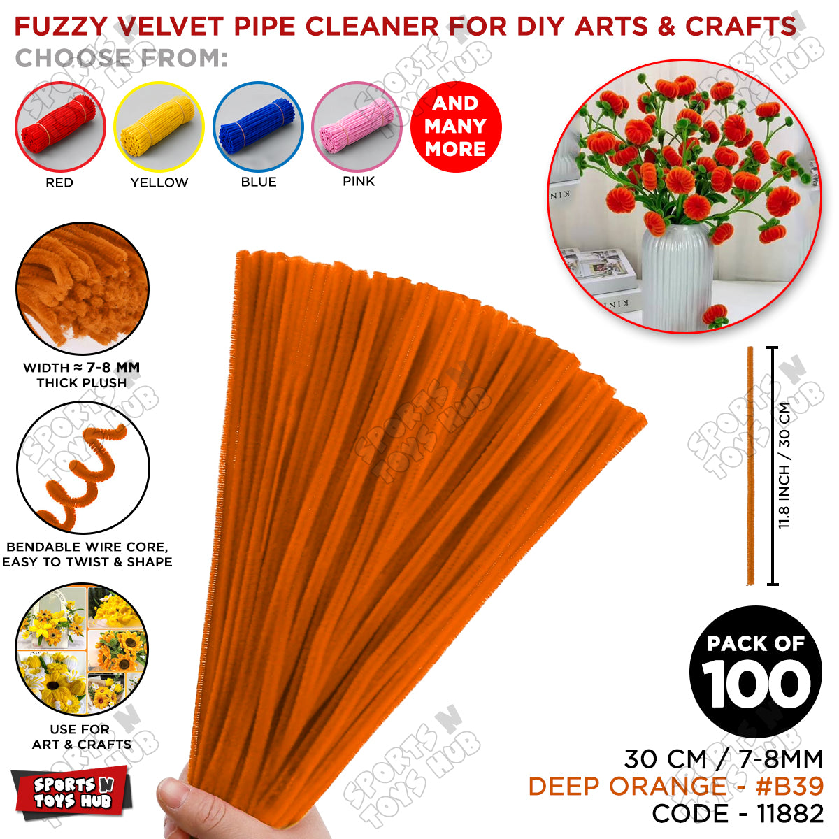 Fuzzy Pipe Cleaners Craft Stems 100 Pcs – 7-8mm Thick x 30cm Chenille Sticks for DIY Crafts, Kids Art Projects, School Activities, Handmade Flowers, Decorations & Creative Craft Supplies